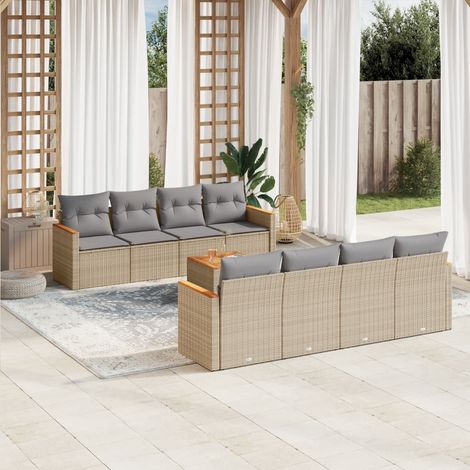 Set de sofás de jardín 9 pzas con cojines ratán sintético beige
