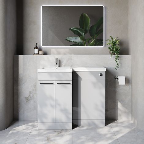 Napoli 390 Gloss Grey Pearl 1000mm 2 Door Vanity Unit Toilet Suite with Left Hand Square Lucia Basin - 1000mm - Chrome 160mm HandleWithout Kingston Toilet Pan