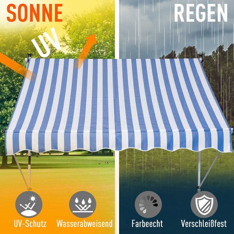 Store auvent fixé par pince avec manivelle, réglable en hauteur, bras articulés, anti-taches et résistant aux intempéries, pour balcon, 150 cm de large, terrasse ou véranda, bleu et blanc (1/4)