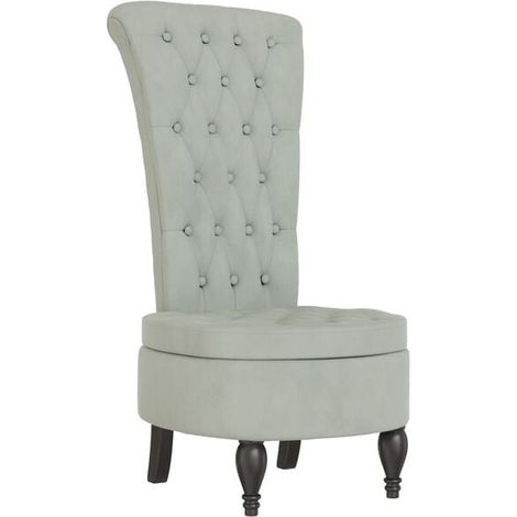 Fauteuil à dossier haut en velours gris clair avec motif à boutons (1/5)