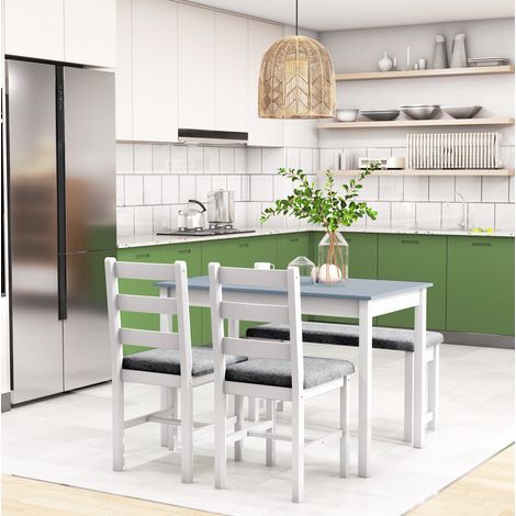 Conjunto de comedor 4 piezas (108x65x75 cm), mesa rectangular, banco y 2 sillas, tapizado en lino, madera de pino, gris (1/5)