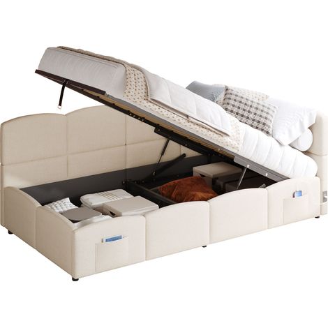 Sofá cama con espacio de almacenamiento bouclé beige 90x200 cm, somier incluido, USB-A y USB-C (1/5)