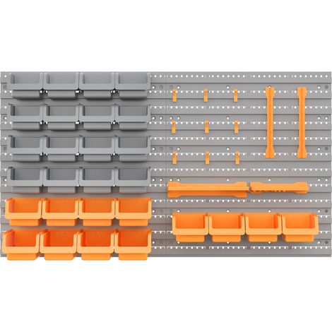 Étagère murale outils 95x54 cm 28 boîtes empilables crochets gris orange