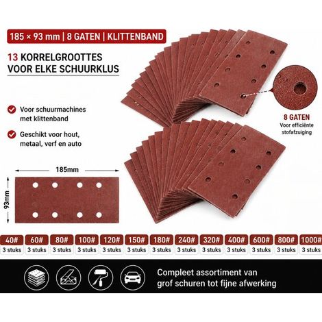 Ensemble de papiers abrasifs avec Velcro - 185 x 93 mm - polissage et élimination de la rouille - divers tampons abrasifs - 8 trous - 39 pièces (1/5)