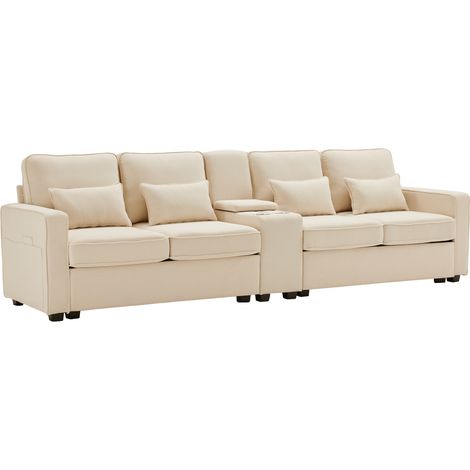 Canapé 4 places en lin avec console, porte-gobelets, ports USB, poches latérales et 4 coussins (1/5)