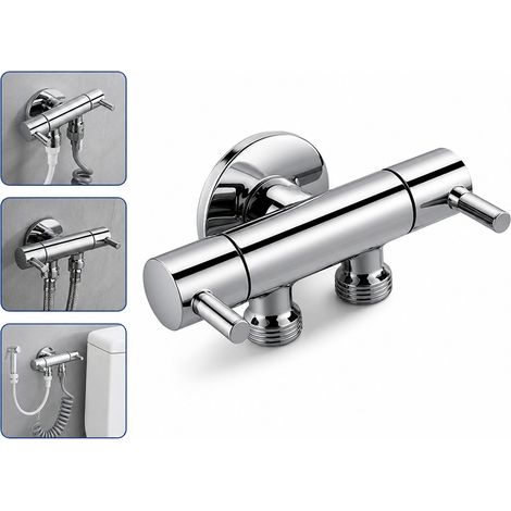 Vanne Angle Cuivre Double Sortie 1 Entree 2 Sorties - Robinet Reglable G1/2 WC Lave-Linge - Controle Independent (1/5)
