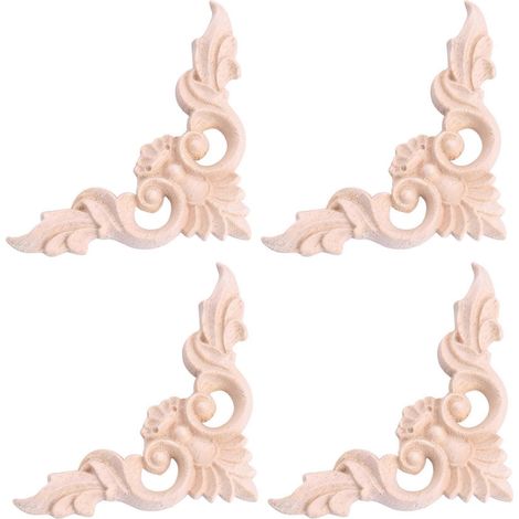 Lot de 4 décorations d'angle en bois sculpté de 8 x 8 cm, appliques non peintes pour meubles et accessoires de décoration - JBMEDIA (1/4)