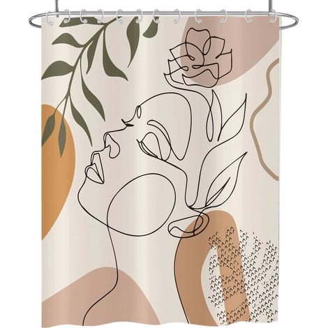 Rideau De Douche - 180x180 Cm - Polyester Imperméable - Motif Abstrait Fille Beige - 12 Crochets Inclus