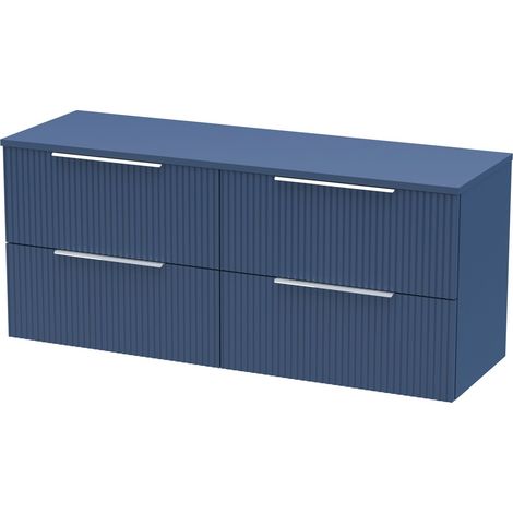 Tixall Fluted 4 Drawer Wall Hung Vanity Unit with Worktop, Satin Blue, 1200mm