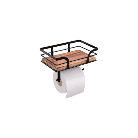 Porte-papier toilette avec étagère en bois, noir (1/5)