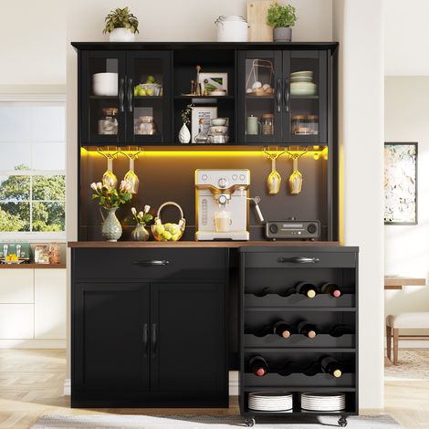 Buffet de cuisine avec desserte, LED, porte-verres et range-bouteilles, garde-manger - 140x38x180cm - MDF - Noir