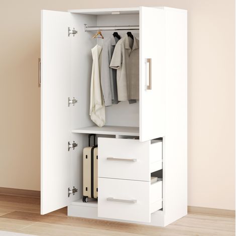 Armario ropero 70x40x135 cm, 2 puertas, cajones y almacenaje, blanco, madera-FLORAGRACE (1/5)