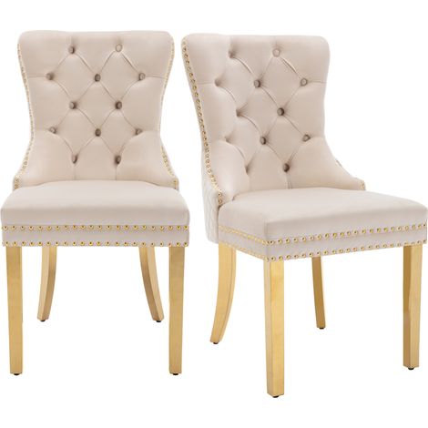 Chaise de salle à manger en velours beige avec porte-battant doré et pieds en acier inoxydable doré (1/5)