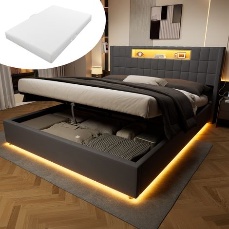 Cama tapizada 180/200 cm de terciopelo gris oscuro con canapé, LED y carga USB-C (1/5)