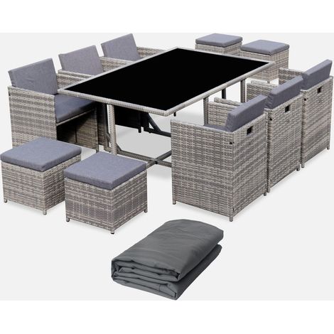 Mesa de jardín encastrable resina con 10 sillones + cobertor