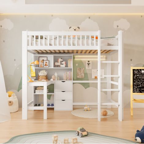 Hochbett 90x200 cm, mit Schreibtisch, mehreren Ablagefächern und 3 Schubladen, Kiefernholz und MDF, Weiß (1/5)