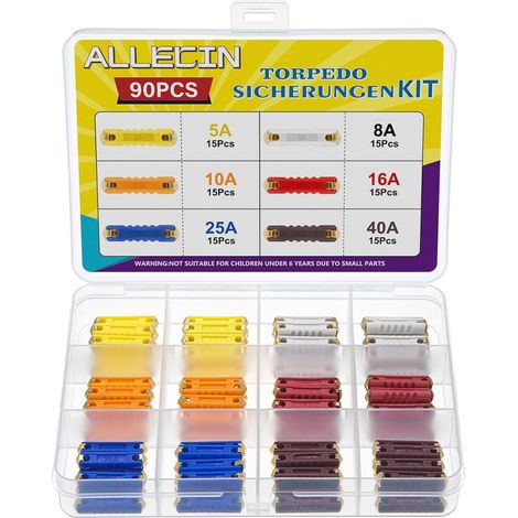 6 Values Car Torpedo Fuse 5A 8A 10A 16A 25A 40A Steatite Torpedo Continental Fuse Kit for Vintage Cars (Pack of 90) (1/5)