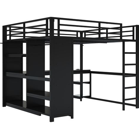 Cama alta metálica 160x200 negra con escritorio, LED, vestidor abierto y almacenaje HOMVRA (1/5)