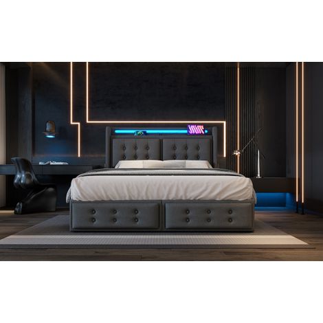 Polsterbett, Doppelbett mit Led-Kopfteil und USB C Ladefunktion und 4 Schubladen, Stauraumbetten mit Lattenrost aus Holz und Metallrahmen, Belastbarkeit 300 kg,Baumwolle(Ohne Matratze)