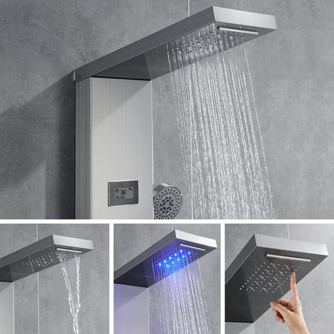 Auralum Panneau Colonne Douche Hydromassante Carrée Acier Inox avec Écran LCD et Lumières LED Multifonction à 3 Jets de Massage