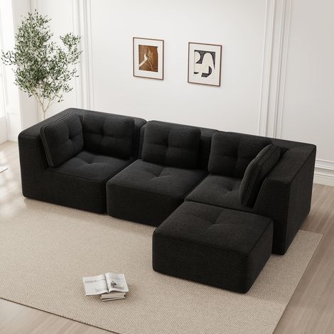 Canapé d'angle modulable en L velours côtelé noir avec pouf et assise profonde, 3 places (1/5)
