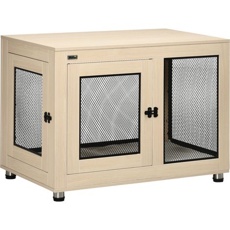 Cage pour chien sur pied avec coussin amovible acier noir et aspect bois - 94 x 60 x 71,5 cm coloris bois naturel