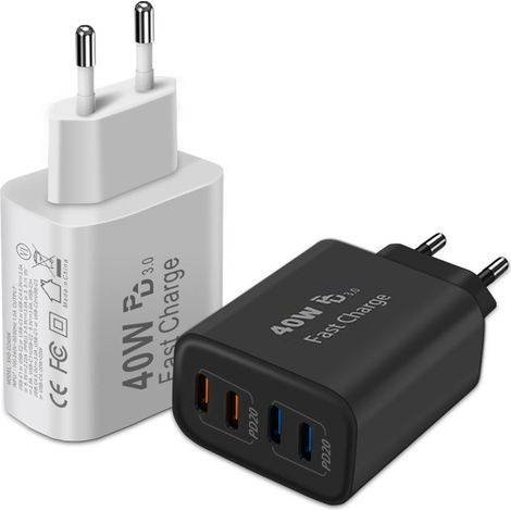Chargeur 40 W — Compatible téléphones Apple/Samsung — Adaptateur secteur multi-ports à charge rapide — Blanc