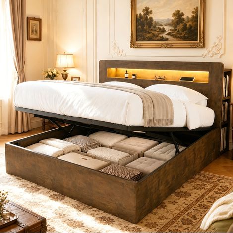 Bett Bettgestell Stauraum 180x200 Holz mit LED OKMYHOME (1/5)