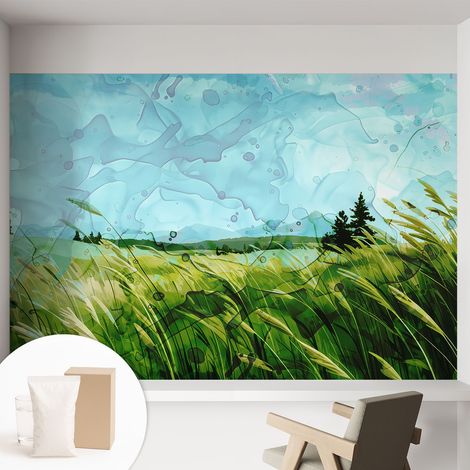 Tapete Vliestapete mit Kleber - modernes Design - Wohnungsdeko - geruchslos - langlebig Grüne Landschaften 152x104 cm (1/5)