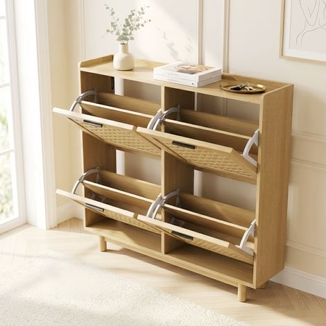 Schuhschrank aus Holz 100x24x95 cm - Aufbewahrungsschrank für den Eingangsbereich mit 4 Türen aus Rattan-Geflecht, Metallrahmen und Ablage - Natur