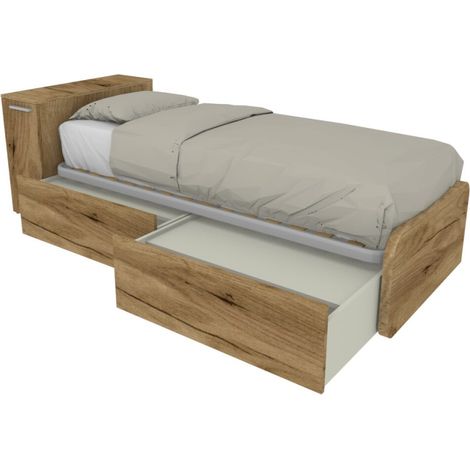 Letto singolo salvaspazio con cassetti e testata contenitiva - Quercia