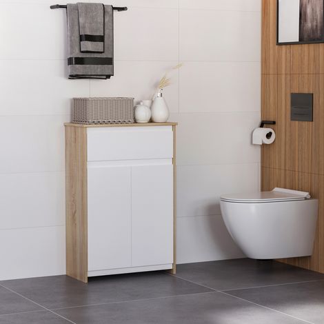 Mobile Bagno Multiuso, Mobiletto da Bagno con Armadietto e Cassetto, Salvaspazio, Color Legno e Bianco 60x30x90cm (1/5)