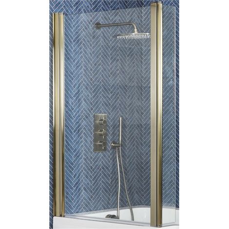 Milano Auro - Matte Gold L Shaped Bathroom Square Shower Bath Screen with Hinged Return Panel - 800mm x 1400mm (1/4)