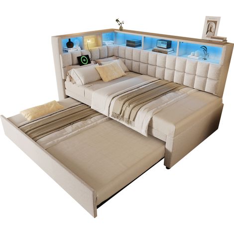 Letto imbottito 90x200 con letto estraibile 90x190, LED, Bluetooth, USB e Type-C, testiera a L con ripiani, beige, senza materasso  CHICFURN (1/5)