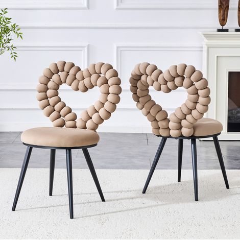 Chaise de salle à manger en velours Camel, dossier ajouré motif cœurs, pieds métal noir, lot de 2,44×54×81cm (1/5)