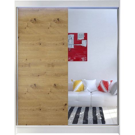 Armario Atlanta 140, Blanco + Roble Artisan, 200x150x58cm, Puertas de armario: Correderas, LED (1/4)