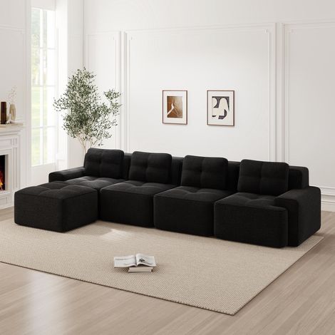 Canapé modulable sans structure pour salon, avec méridienne en L, canapé nuage 4 places confortable et profond en velours côtelé, sans montage, antidérapant, noir. (1/5)