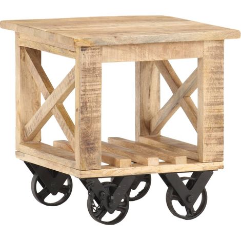 Beistelltisch mit Rädern 40x40x42 cm Raues Mangoholz