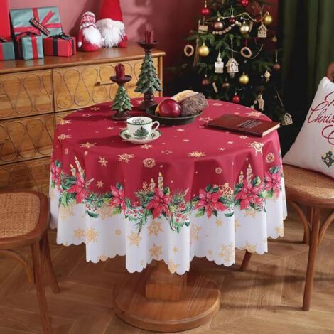 Christmas Tablecloth - Stain Resistant Table Cloth Washable Polyester Tablecloth Rectangular and Round Table Cover for Christmas Party Supplies Circle, Ideal for Holiday Decorations, 150cm (1/5)