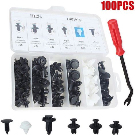100 Pieces Clips De Retenue De Voiture Corps En Plastique Rivets Attaches Pousser Pare-Chocs Porte Garniture Panneau Vis Avec Outil De Retrait (1/4)
