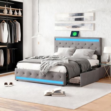 Lit double 180 x 200, lit adulte 180x200 avec 4 tiroirs, avec port USB et LED, cadre de lit, avec tete de lit, gris foncé, tissu lin (1/5)