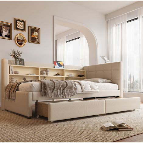 Lit avec tiroirs 90x200 cm USB MDF beige HAVRYA (1/5)