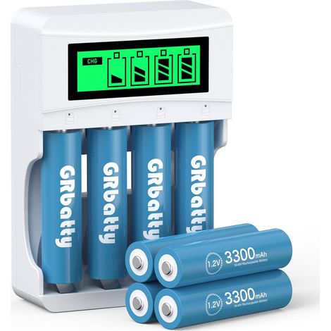 8 Piles AA Rechargeables NiMH, 1,2V 3300mAh, Chargeur 4 Slots 1200 cycles, Charge rapide, 4 slots indépendants, Pour télécommandes, horloges murales, réveils, stations météo (1/5)