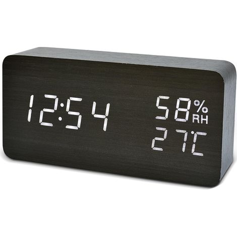 Réveil numérique LED avec affichage de la date, de l'humidité et de la température, aspect bois, décoration (1/5)