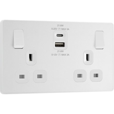 Electrical PCDCL22UAC22W Prise murale à double interrupteur avec ports de charge USB de type A et de type C, Evolve, blanc nacré, 13 A, PCDCL22UAC22W (1/5)