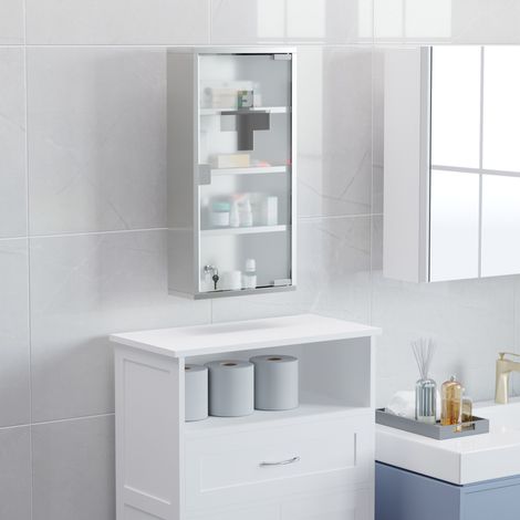 Armoire à pharmacie 30x12x60 cm argent en acier avec verre dépoli, verrouillable et ouverture Tip-On (1/5)