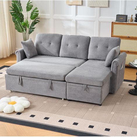 Canapé d'angle convertible 206x130x85 cm en chenille gris, avec rangement pour salon FloraGrace (1/5)