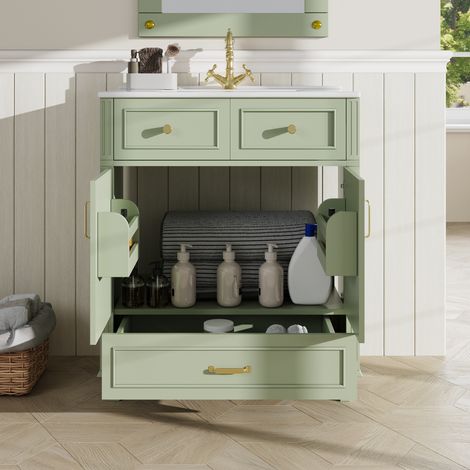 Armoire lavabo salle de bain vert 81×45,5×86,5cm lavabo céramique tiroir fermeture douce anti-débordement poignées métalliques.