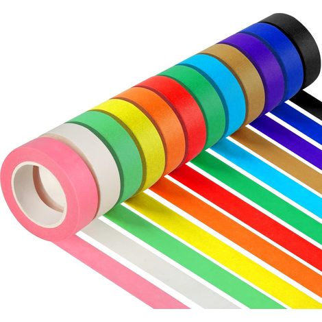 12 Rollen farbiges Kreppband, Kinderbastelbedarf, Bastelband, farbige Klebebandrollen, farbiges Malerband, 1,5 cm x 10 Meter (1/5)