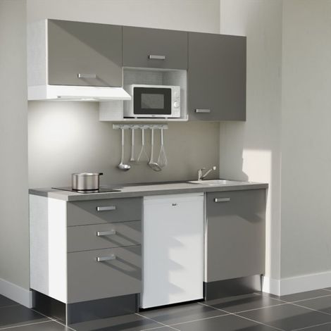 Kitchenette K20L-PT - 180 cm avec plan de travail et évier - Façade Gris - Plan Gris - Evier Inox - Crédences Non (1/5)